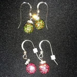 925 Sterling Silver and Crystal Earrings..1 inch..Pink/Green